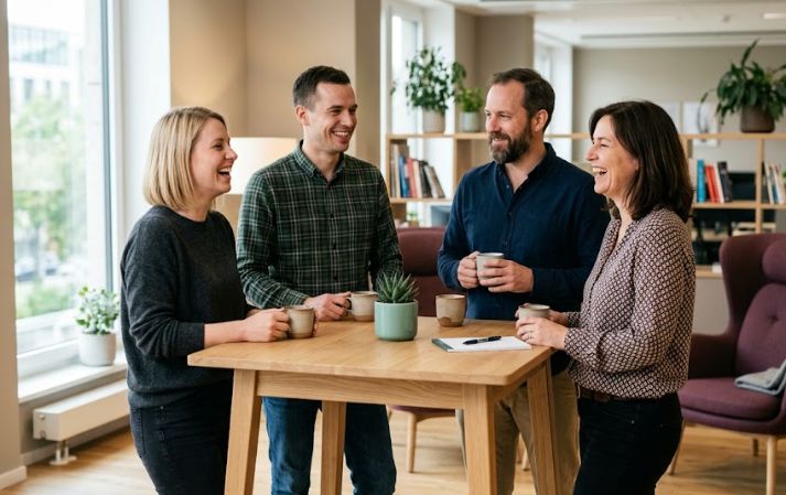 Ein kleines Team steht im hellen Büro-Loungebereich zusammen und lacht bei einem Kaffee